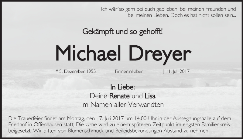  Traueranzeige für Michael Dreyer vom 15.07.2017 aus Pegnitz-Zeitung