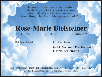Traueranzeige von Rose-Marie Bleisteiner von Hersbrucker Zeitung