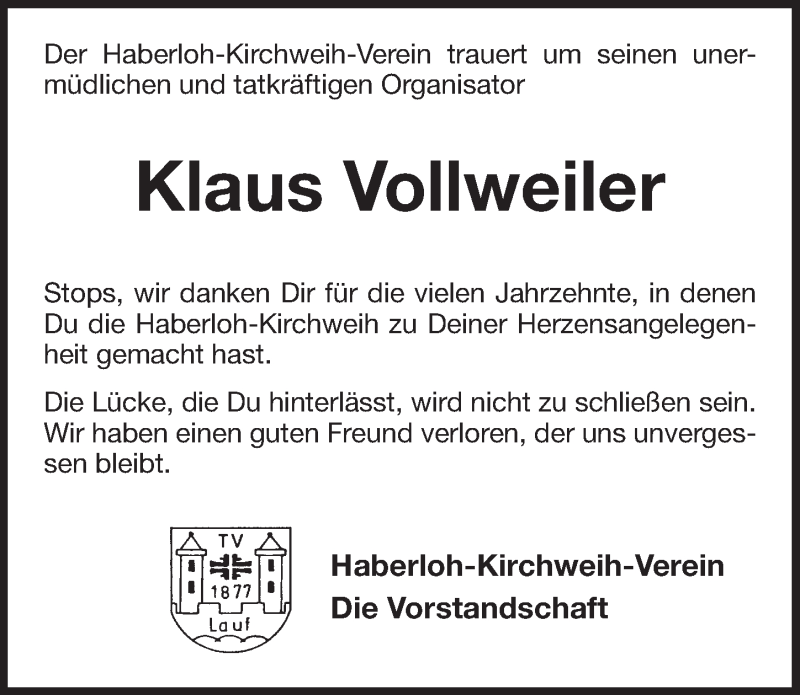  Traueranzeige für Klaus Vollweiler vom 01.07.2017 aus Pegnitz-Zeitung