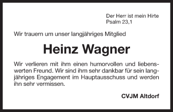 Traueranzeige von Heinz Wagner von Der Bote
