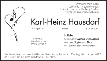Traueranzeige von Karl-Heinz Hausdorf von Pegnitz-Zeitung