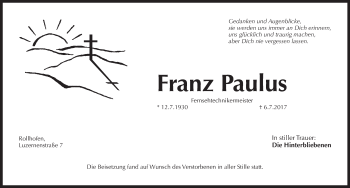 Traueranzeige von Franz Paulus von Pegnitz-Zeitung