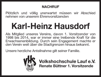 Traueranzeige von Karl-Heinz Hausdorf von Pegnitz-Zeitung