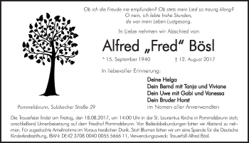 Traueranzeige von Alfred Bösl von Hersbrucker Zeitung
