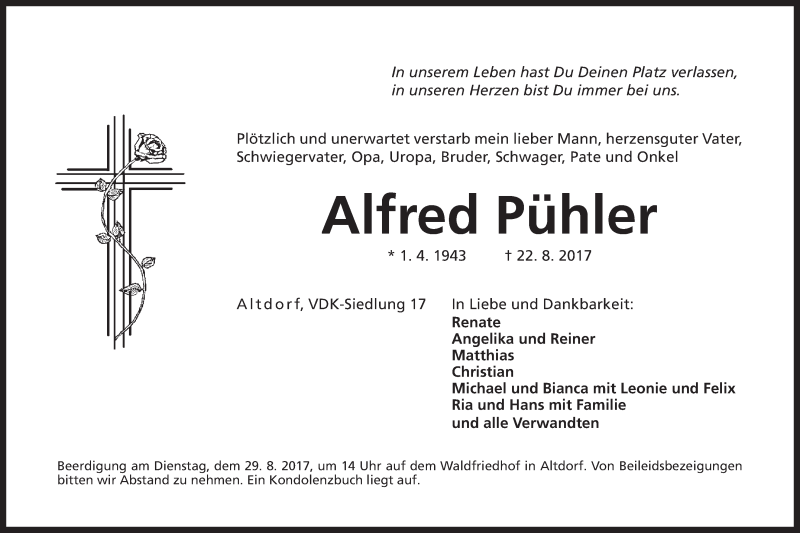  Traueranzeige für Alfred Pühler vom 26.08.2017 aus Der Bote