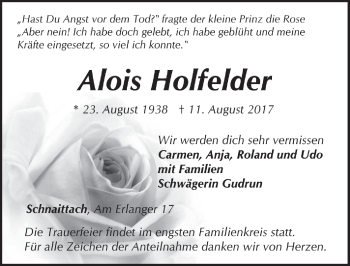 Traueranzeige von Alois Holfelder von Pegnitz-Zeitung
