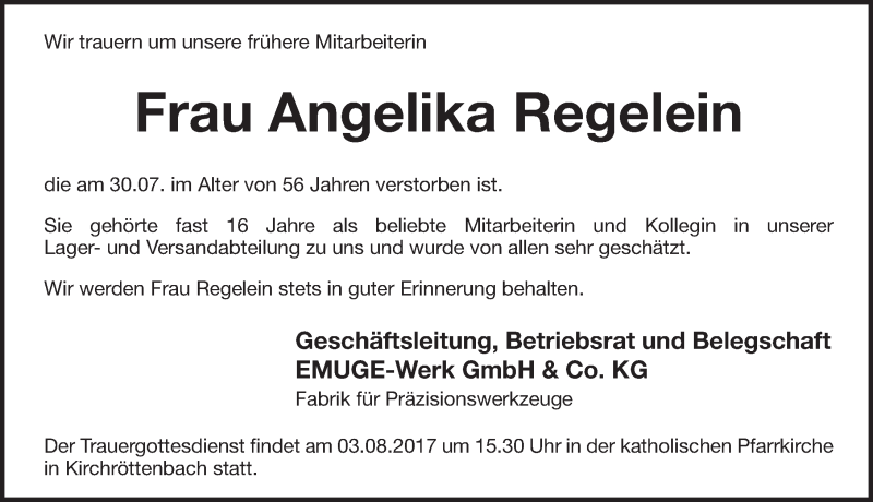  Traueranzeige für Angelika Regelein vom 02.08.2017 aus Pegnitz-Zeitung