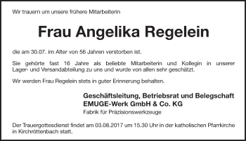 Traueranzeige von Angelika Regelein von Pegnitz-Zeitung