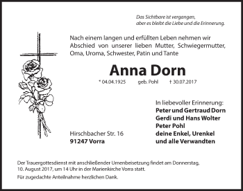 Traueranzeige von Anna Dorn von Hersbrucker Zeitung