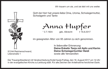 Traueranzeige von Anna Hupfer von Pegnitz-Zeitung