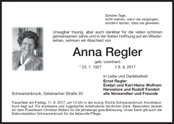 Traueranzeige von Anna Regler von Der Bote