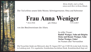 Traueranzeige von Anna Weniger von Pegnitz-Zeitung