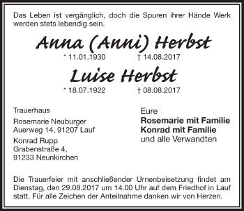 Traueranzeige von Anna und Luise Herbst von Pegnitz-Zeitung