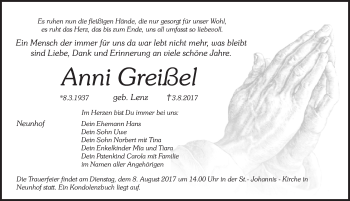 Traueranzeige von Anni Greißel von Pegnitz-Zeitung