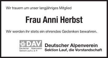 Traueranzeige von Anni Herbst von Pegnitz-Zeitung