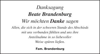 Traueranzeige von Beate Boggy Brandenburg von Pegnitz-Zeitung