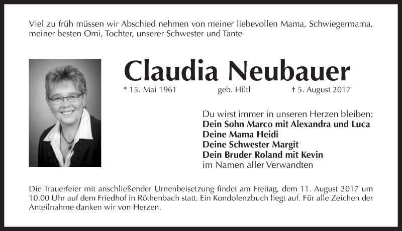  Traueranzeige für Claudia Neubauer vom 09.08.2017 aus Pegnitz-Zeitung