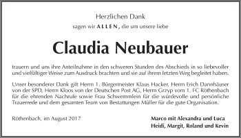 Traueranzeige von Claudia Neubauer von Pegnitz-Zeitung