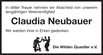 Traueranzeige von Claudia Neubauer von Pegnitz-Zeitung