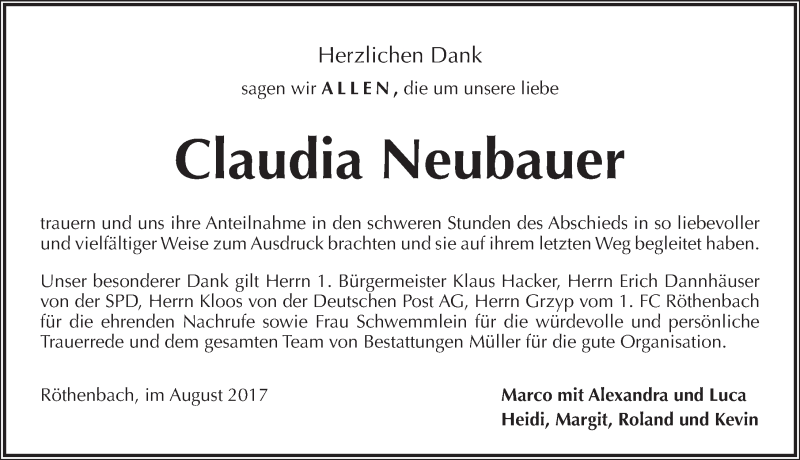  Traueranzeige für Claudia Neubauer vom 19.08.2017 aus Pegnitz-Zeitung
