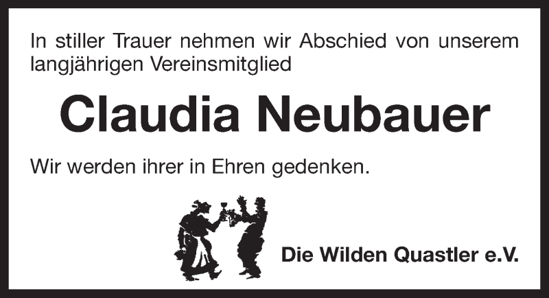  Traueranzeige für Claudia Neubauer vom 09.08.2017 aus Pegnitz-Zeitung