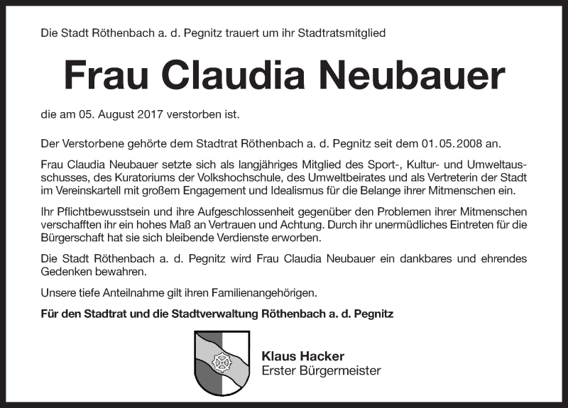  Traueranzeige für Claudia Neubauer vom 09.08.2017 aus Pegnitz-Zeitung