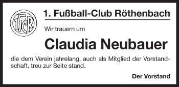 Traueranzeige von Claudia Neubauer von Pegnitz-Zeitung