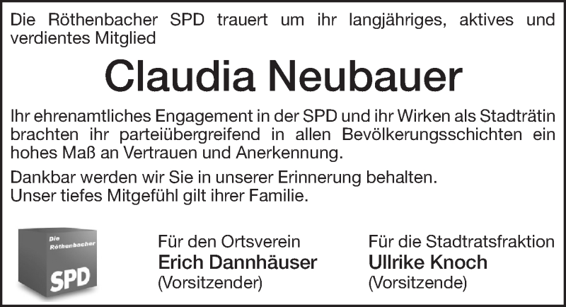  Traueranzeige für Claudia Neubauer vom 09.08.2017 aus Pegnitz-Zeitung