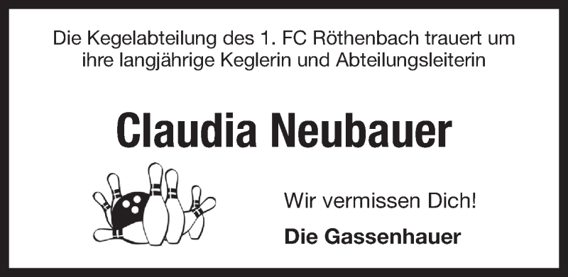  Traueranzeige für Claudia Neubauer vom 09.08.2017 aus Pegnitz-Zeitung