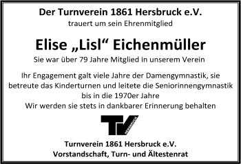 Traueranzeige von Elise Eichenmüller von Hersbrucker Zeitung