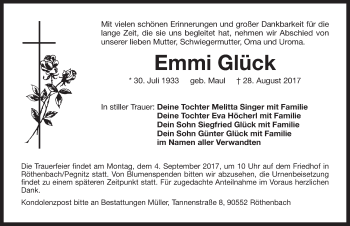 Traueranzeige von Emmi Glück von Pegnitz-Zeitung