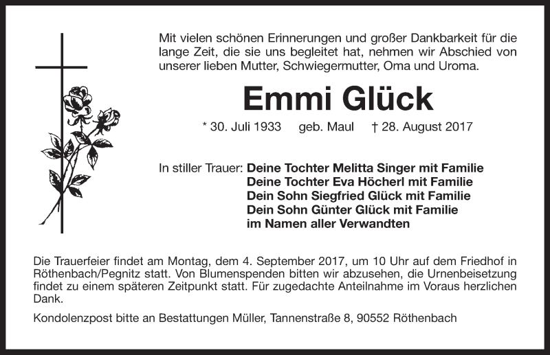  Traueranzeige für Emmi Glück vom 31.08.2017 aus Pegnitz-Zeitung