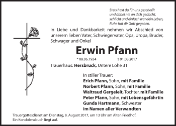 Traueranzeige von Erwin Pfann von Hersbrucker Zeitung