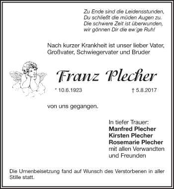Traueranzeige von Franz Plecher von Pegnitz-Zeitung