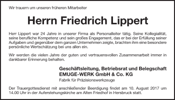 Traueranzeige von Friedrich Lippert von Pegnitz-Zeitung