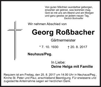 Traueranzeige von Georg Roßbacher von Hersbrucker Zeitung