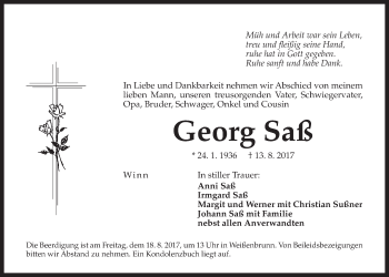 Traueranzeige von Georg Saß von Der Bote