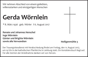 Traueranzeige von Gerda Wörnlein von Pegnitz-Zeitung