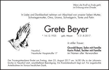 Traueranzeige von Grete Beyer von Pegnitz-Zeitung