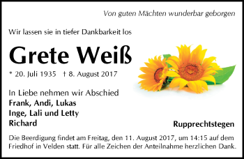 Traueranzeige von Grete Weiß von Hersbrucker Zeitung