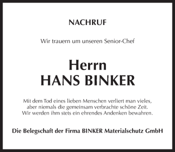 Traueranzeige von Hans Binker von Pegnitz-Zeitung