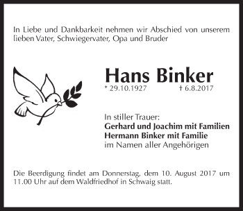 Traueranzeige von Hans Binker von Pegnitz-Zeitung