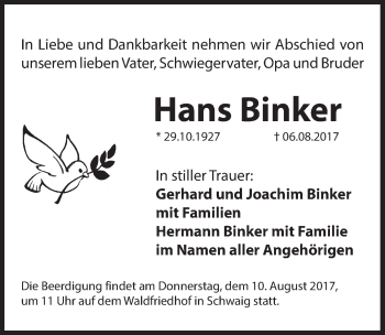 Traueranzeige von Hans Binker von Hersbrucker Zeitung