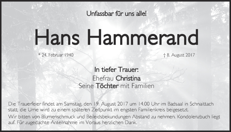  Traueranzeige für Hans Hammerand vom 12.08.2017 aus Pegnitz-Zeitung