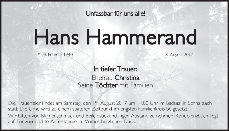  Traueranzeige für Hans Hammerand vom 12.08.2017 aus Hersbrucker Zeitung