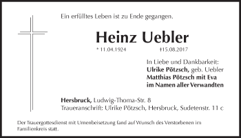 Traueranzeige von Heinz Uebler von Hersbrucker Zeitung