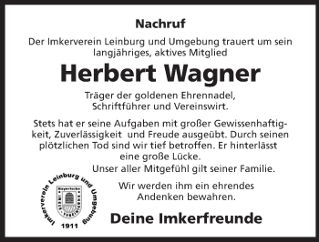 Traueranzeige von Herbert Wagner von Pegnitz-Zeitung