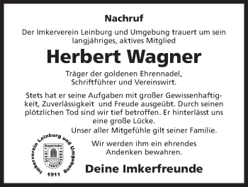 Traueranzeige von Herbert Wagner von Der Bote
