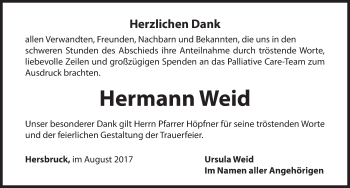 Traueranzeige von Hermann Weid von Hersbrucker Zeitung