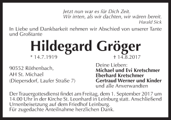 Traueranzeige von Hildegard Gröger von Pegnitz-Zeitung